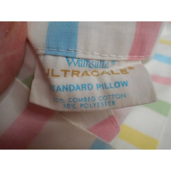 Vintage Wamsutta 50/50 cotton poly striped Yellow Green Pink Standard Pillowcase - Picture 3 of 4